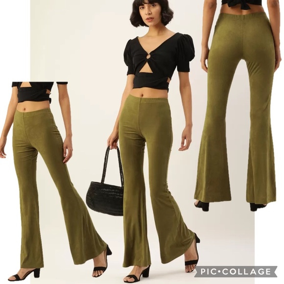 Forever 21 Olive Green Solid Bootcut Flare Pants | Elastic Waistband Size S - Picture 1 of 14